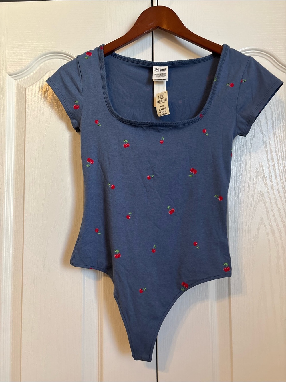 PINK Victoria's Secret Blue Scoop Neck Cherry Print Bodysuit